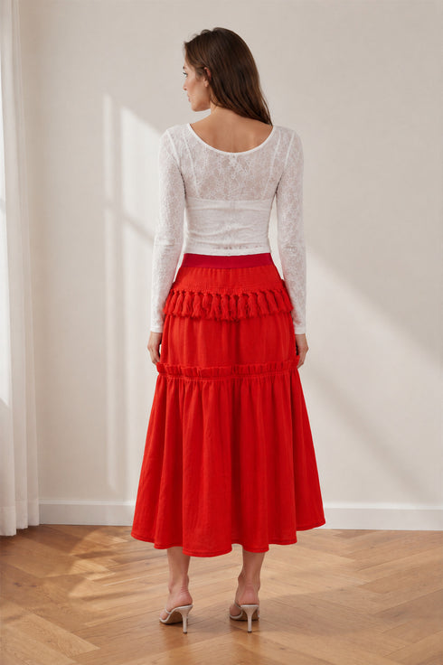 Tassel Midi Skirt - Tangerine