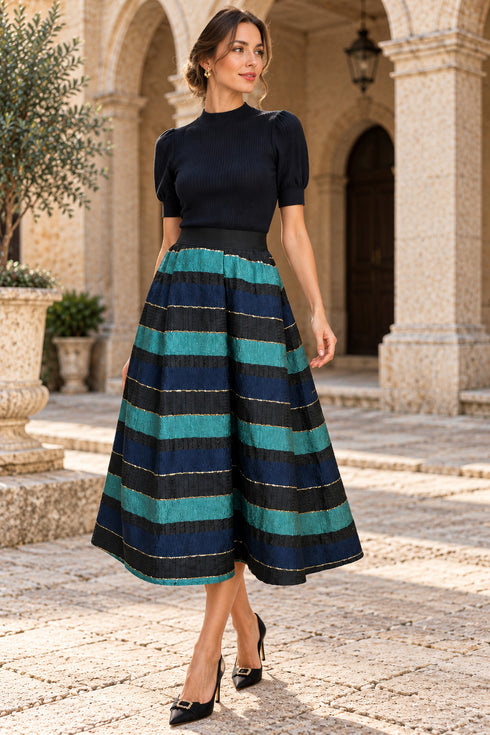 Elodie Stripe Midi Skirt – Teal & Navy