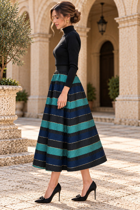 Elodie Stripe Midi Skirt – Teal & Navy