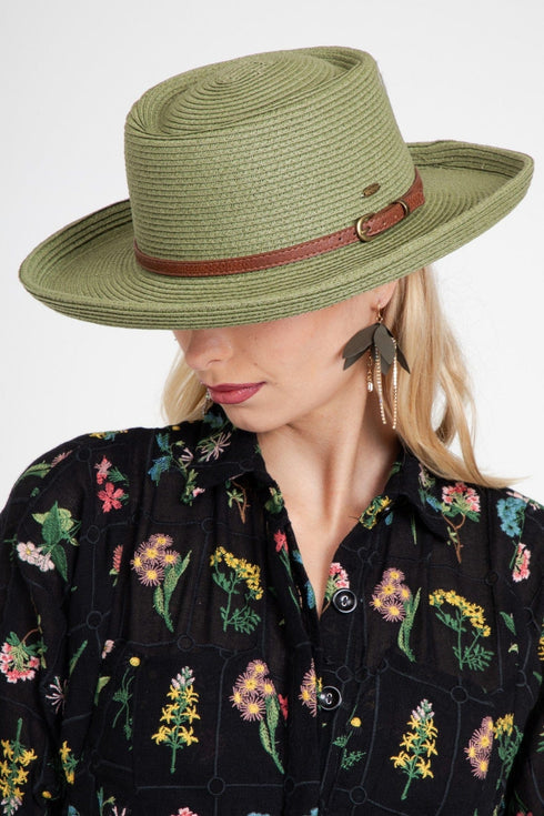 Moss Green Straw Hat with Brown Faux Leather Trim