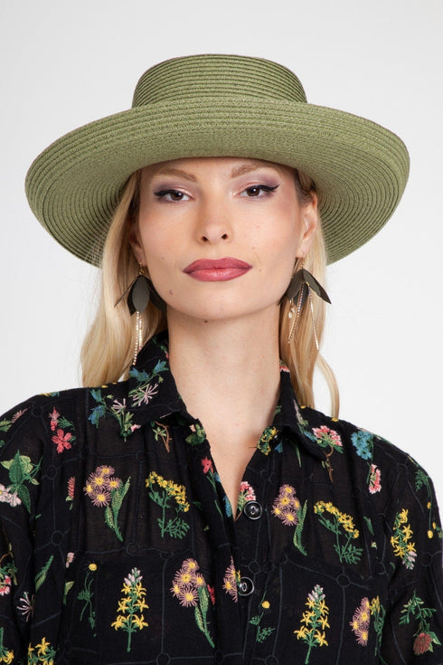 Moss Green Straw Hat with Brown Faux Leather Trim