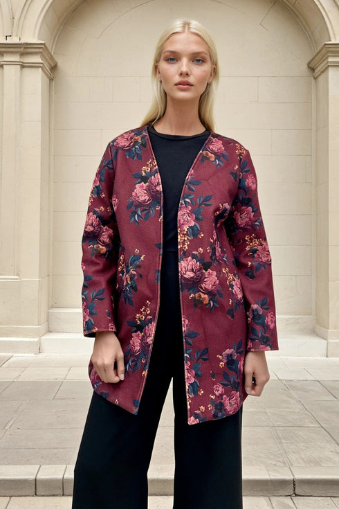 Veronica Car Coat - Burgundy Floral