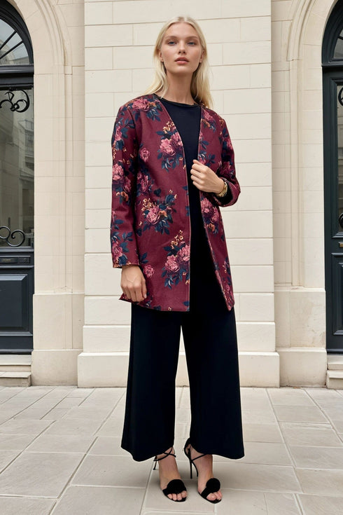 Veronica Car Coat - Burgundy Floral