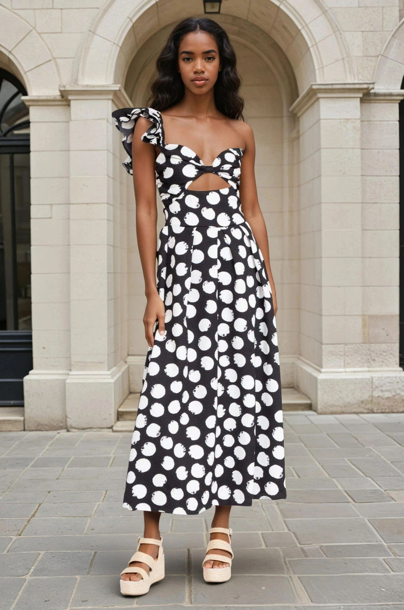 One Shoulder Maxi Dress – Black and White – Eva Franco