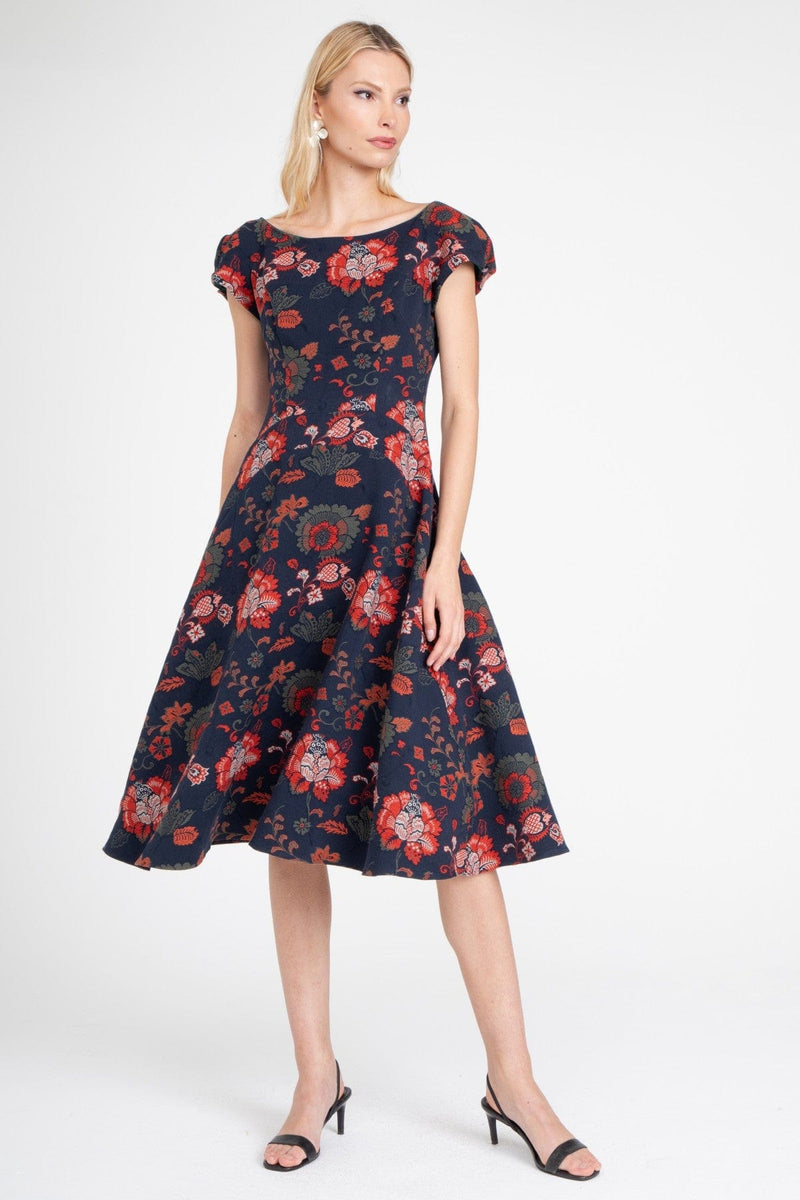 Abbington Midi Dress in Sapphire Damask – Eva Franco Abbington Midi Dress in Sapphire Damask – Eva Franco