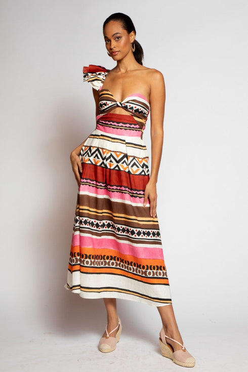 One-Shoulder Pleated Dress - Tulum Stripe