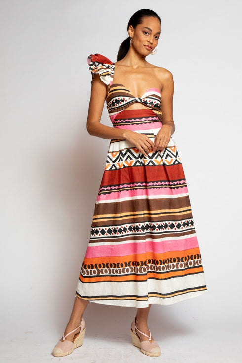 One-Shoulder Pleated Dress - Tulum Stripe