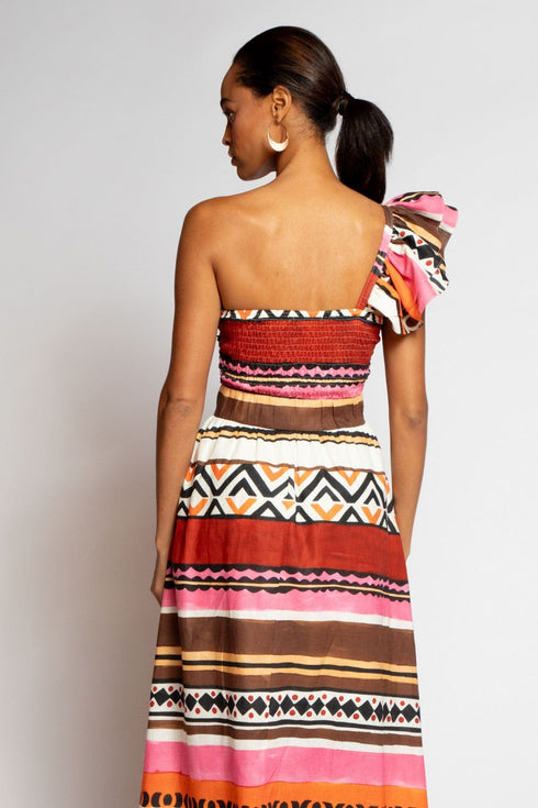 One-Shoulder Pleated Dress - Tulum Stripe