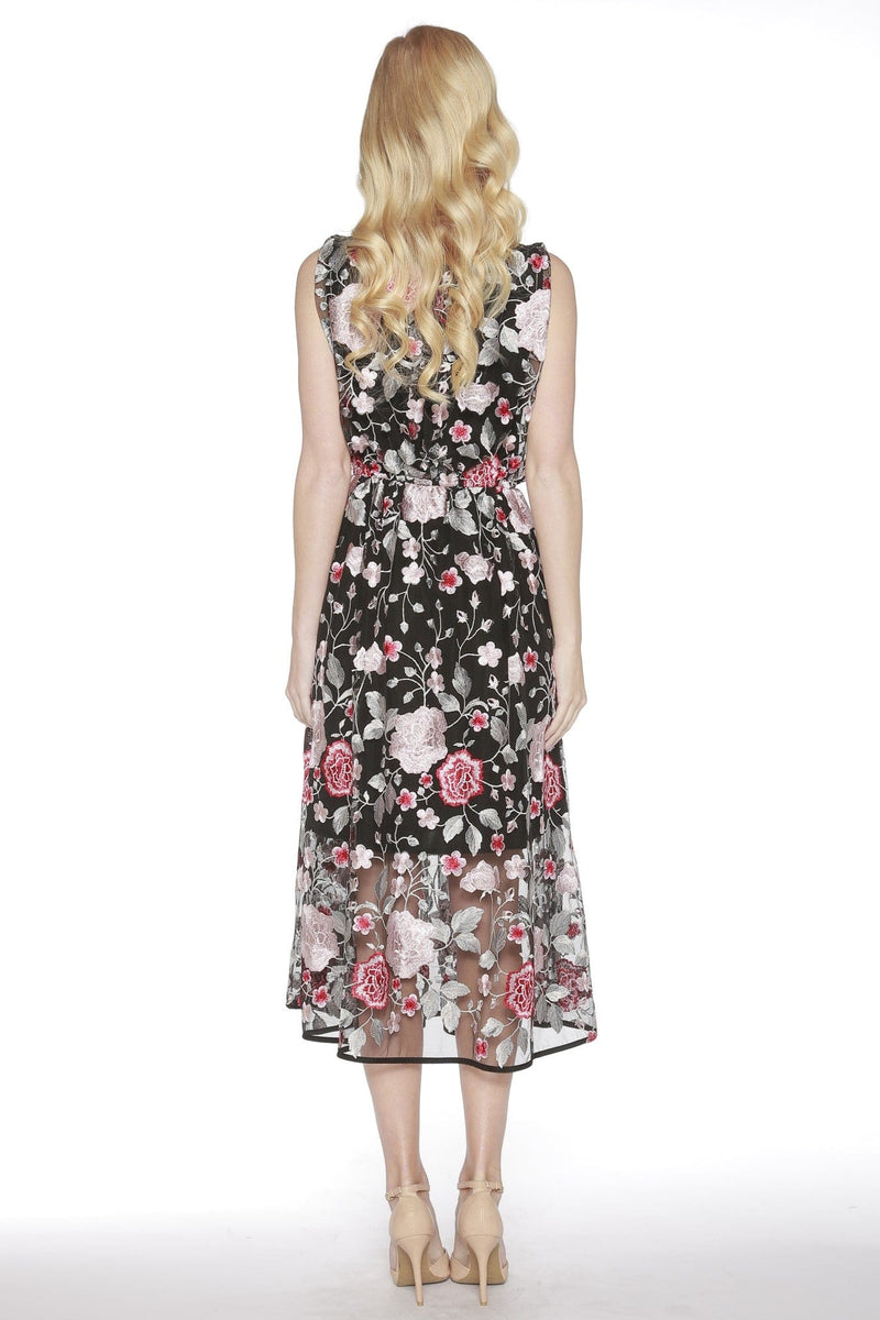 Floral Embroidered Mesh Midi Dress - Black Eva Franco Floral Embroidered Mesh Midi Dress - Black Eva Franco
