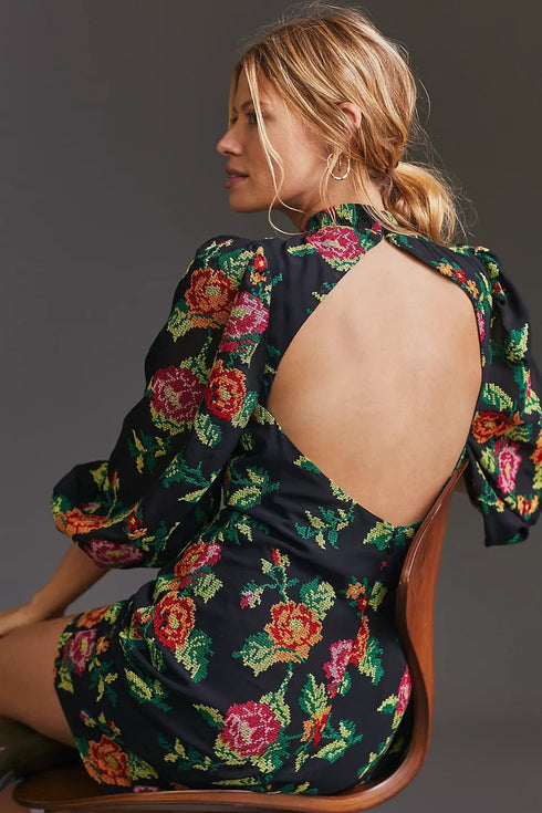 Embroidered Mini Shift Dress - Rose