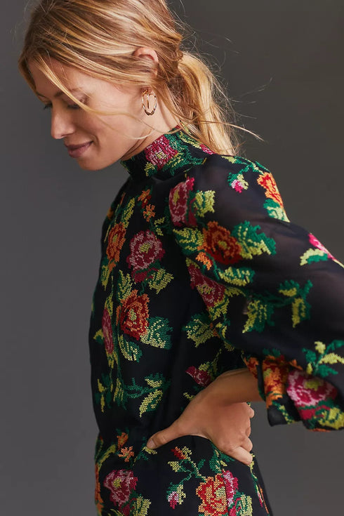 Embroidered Mini Shift Dress - Rose