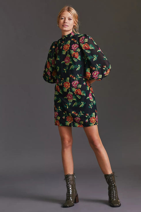 Embroidered Mini Shift Dress - Rose