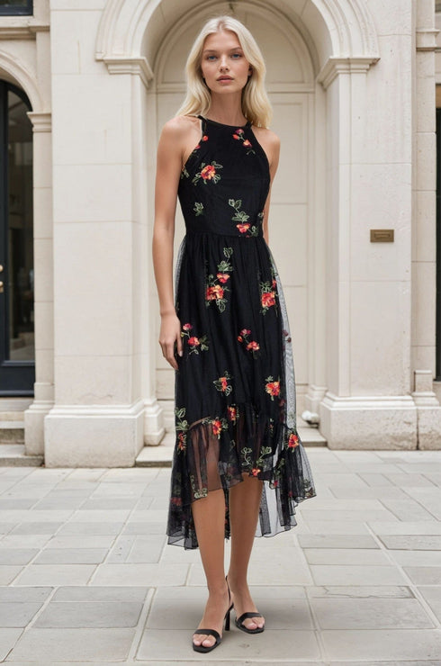 Jennie Dress – Black Mesh Floral Embroidery