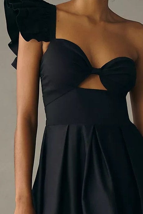 One-Shoulder Pleated Dress - Black