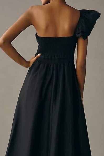 One-Shoulder Pleated Dress - Black