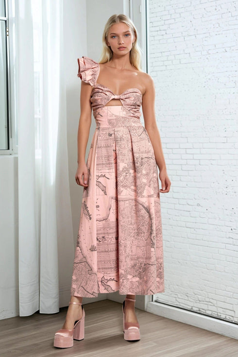 One-Shoulder Pleated Dress - California Map