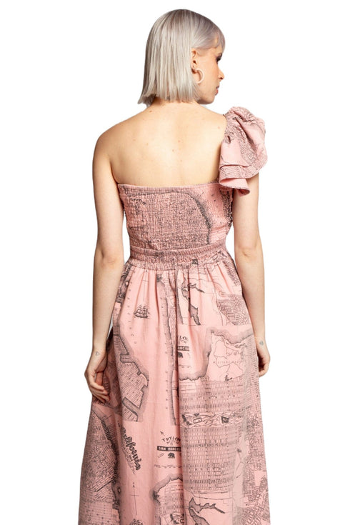 One-Shoulder Pleated Dress - California Map