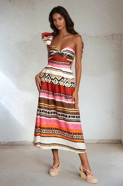 One-Shoulder Pleated Dress - Tulum Stripe