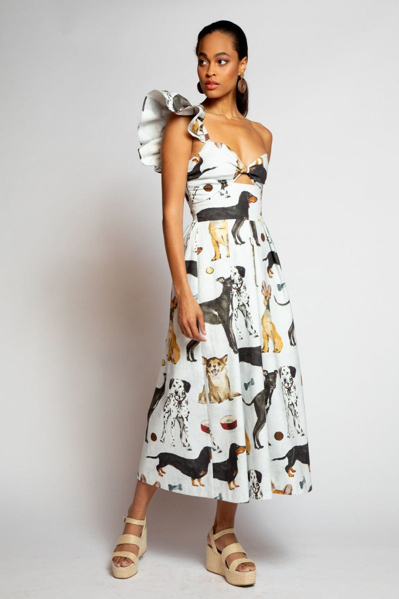 One-Shoulder Pleated Maxi Linen Dress - Wags and Tails Dog Print