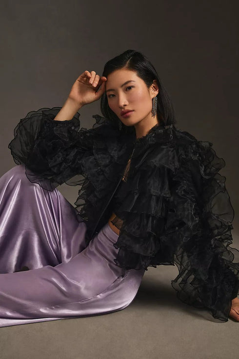 Ruffled Organza Bomber Jacket