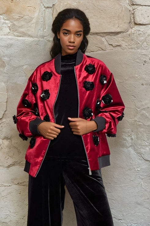 Velvet Floral Embroidered Bomber Jacket