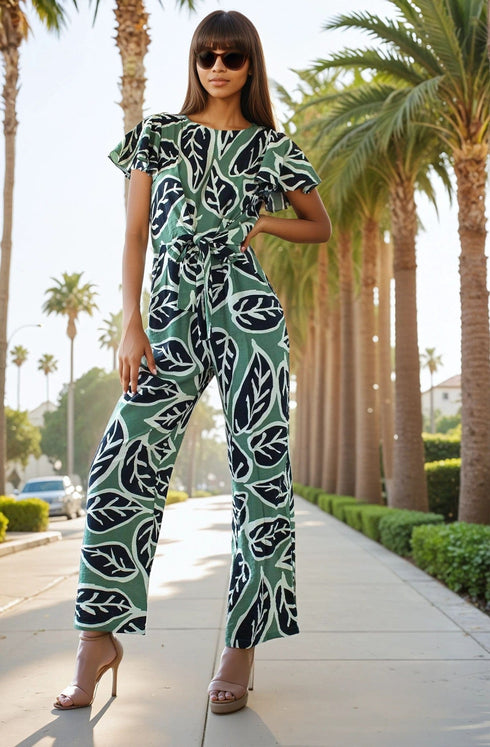Miranda Jumpsuit With Tie Waist and Flutter Sleeves - Sage Leaf
