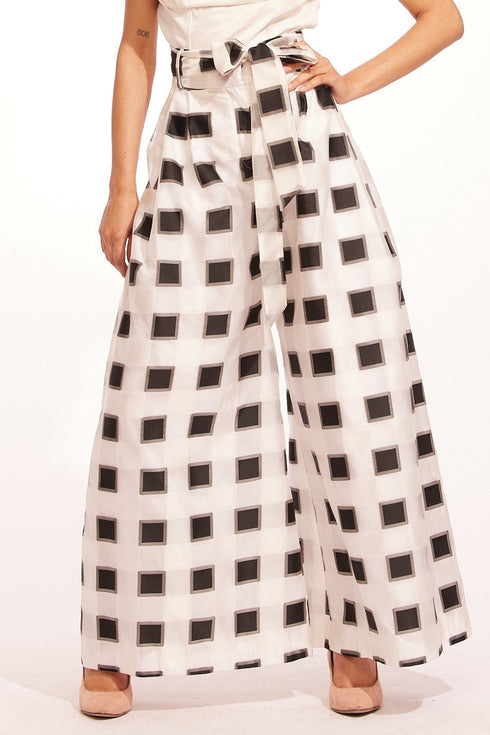 Belted Wide-Leg Pants - Black and White Check