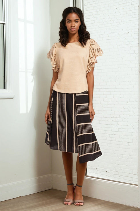 Black and Taupe Stripe Midi Skirt