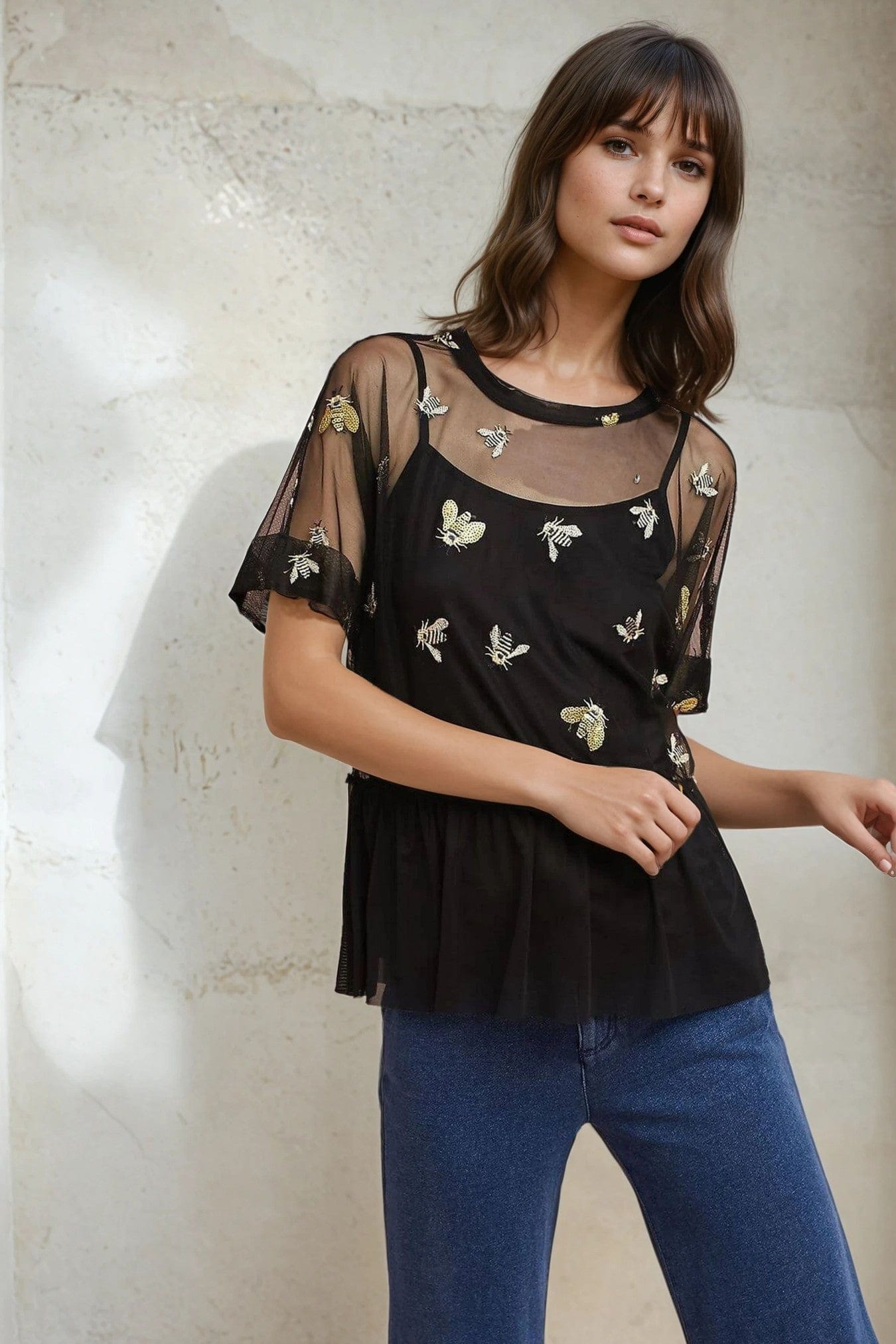 Eva Franco Top Bee Embroidered Peplum Top
