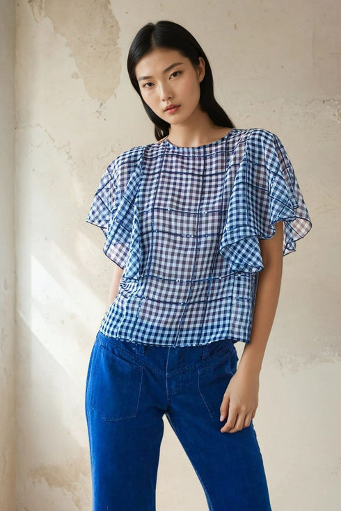 Juniper Cape Sleeve Top - Indigo Gingham