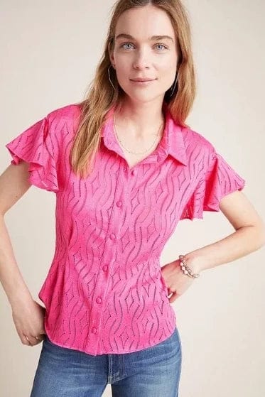 Pink Flutter Sleeve Button Up Top