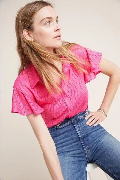 Pink Flutter Sleeve Button Up Top