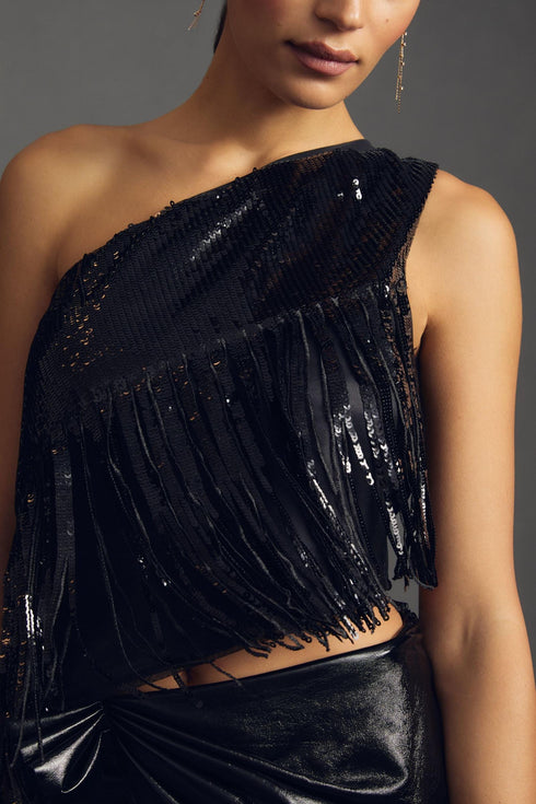Sequin One-Shoulder Top - Black