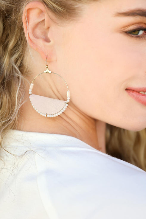 Circle Beaded Drop Hoops with Blush Leatherette Detail
