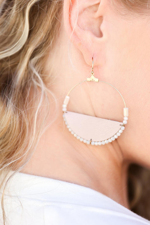 Circle Beaded Drop Hoops with Blush Leatherette Detail