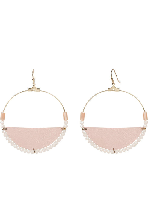 Circle Beaded Drop Hoops with Blush Leatherette Detail