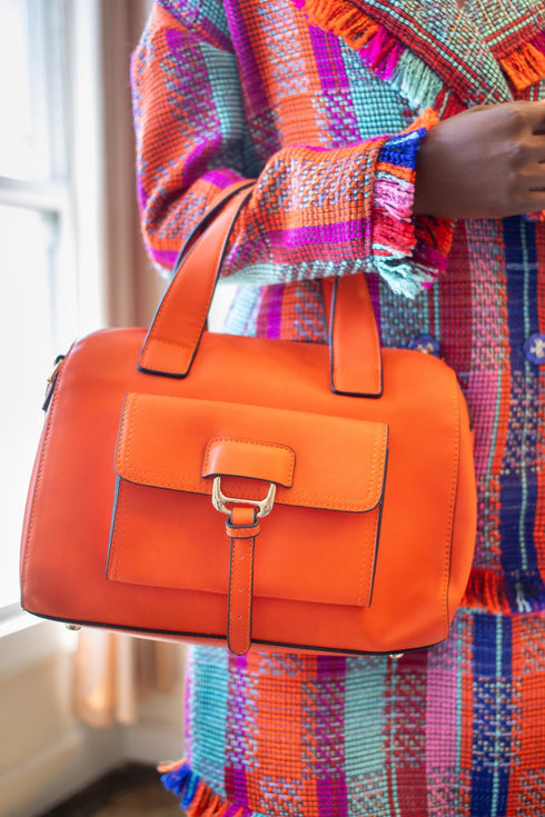 Vegan Leather Top Handle Bag - Orange