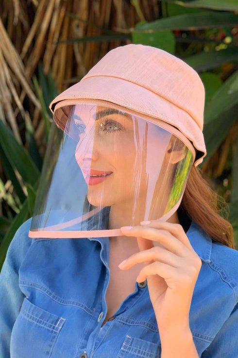 Pink Linen Bucket Hat With Detachable Face Shield