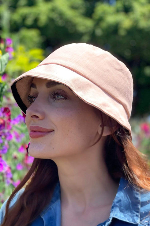 Pink Linen Bucket Hat With Detachable Face Shield