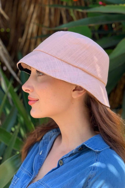 Pink Linen Bucket Hat With Detachable Face Shield