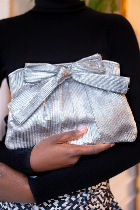 Silver Pleated Bow Clutch Bag