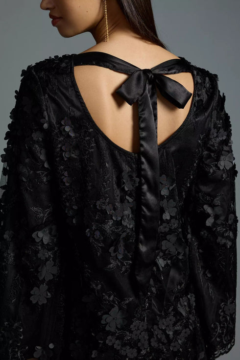 3-D Floral Shift Mini Dress - Black Petal