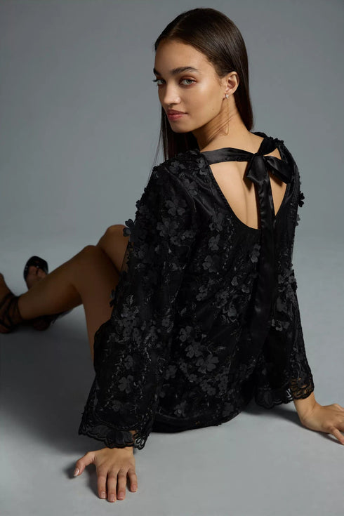 3-D Floral Shift Mini Dress - Black Petal