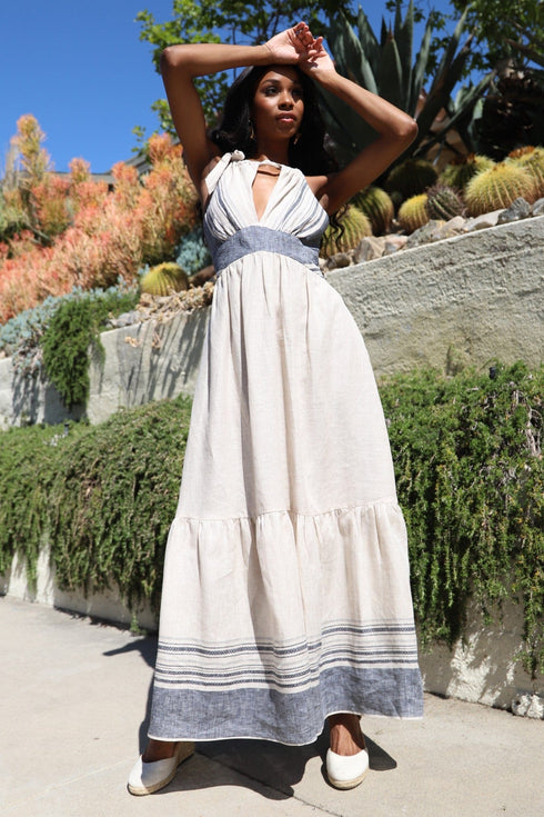 Lamar Linen Maxi Dress- Provence Stripe