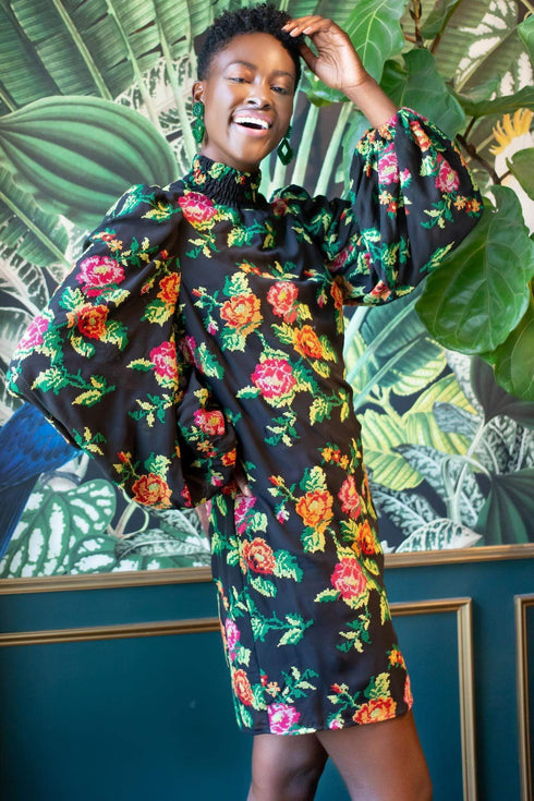 Embroidered Mini Shift Dress - Rose