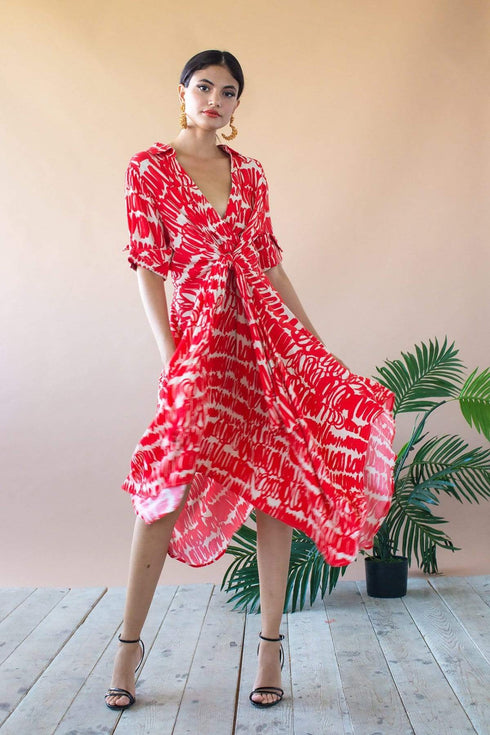 Sophia Asymmetric Hem Midi Dress - Red Script