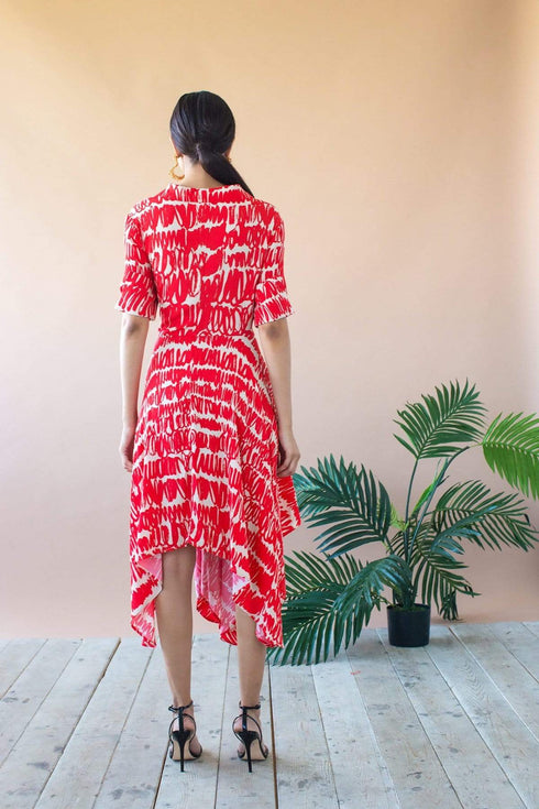 Sophia Asymmetric Hem Midi Dress - Red Script