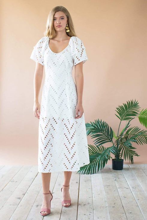 Sue Ellen Lantern Sleeve Midi Dress - White Nights Geo Cutwork Lace