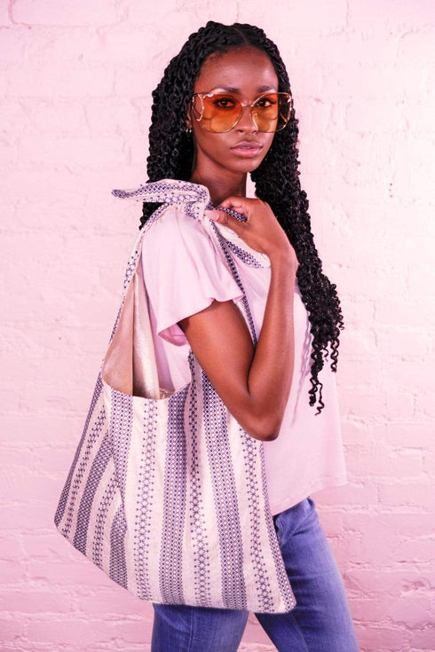 Gold Stripe Denim Tote Bag