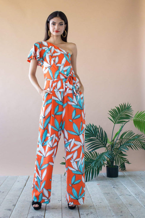 Amir One Shoulder Jumpsuit With Flutter Sleeve and Pockets- Rio Flora